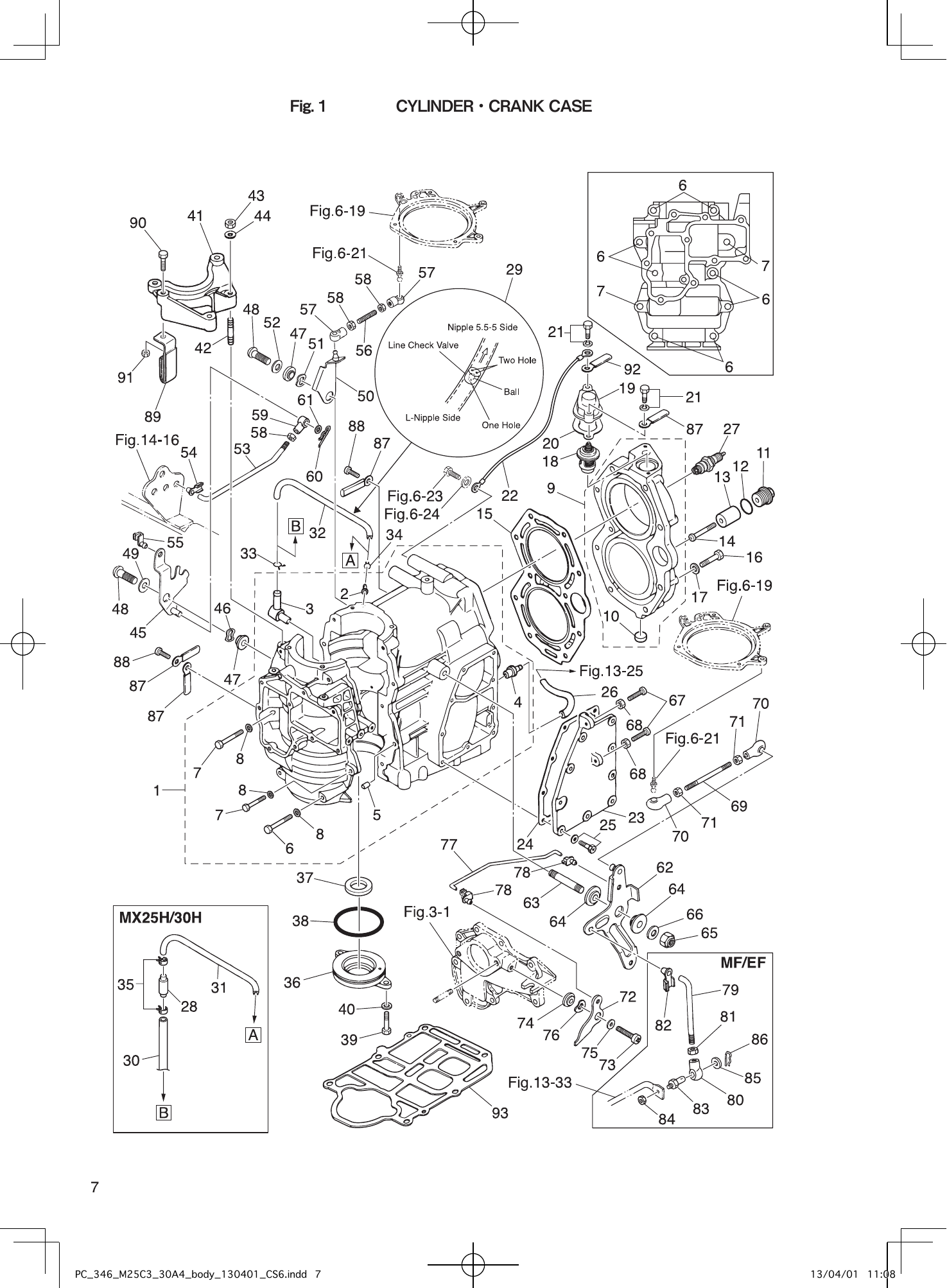 Tohatsu MX25H, M25H, M30H, MX30H, 25JET CYLINDER・CRANK CASE parts diagram